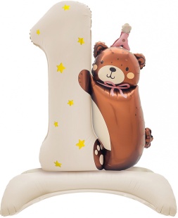 Шар (35''/89 см) Цифра на подставке, 1 Годик, Мишка в розовом колпачке, Бежевый, Сатин, 1 шт. в уп.